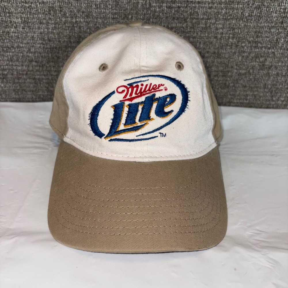 Miller Lite Beer Hat Tan White Two Tone Embroidered Baseball Cap Adjustable